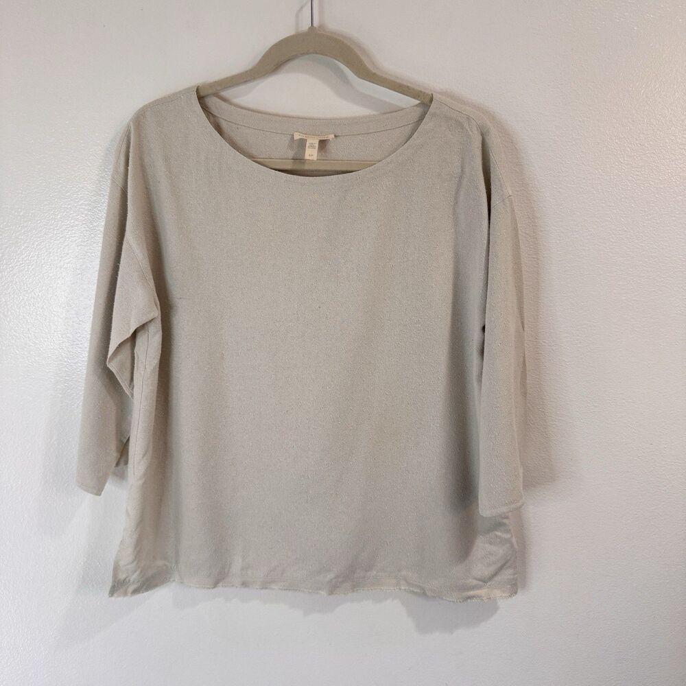 Eileen Fisher Shirt Blouse S 100% Silk Noile White Gray Nubby Lagen Granola